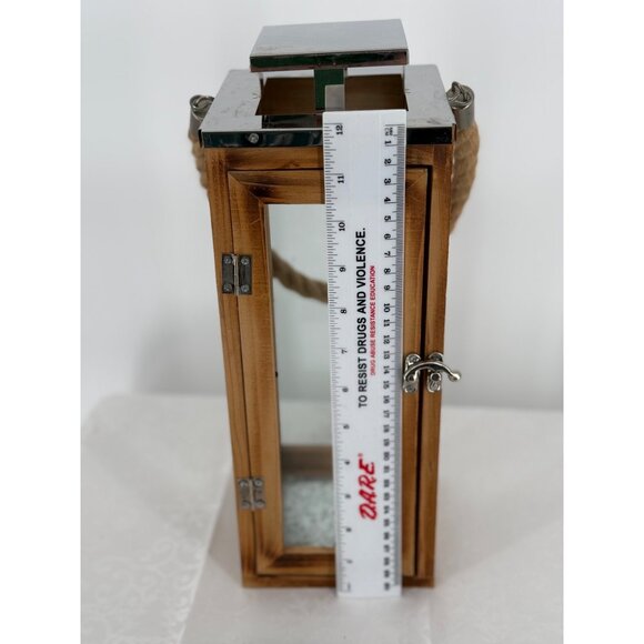 Rustic Wooden & Glass Lantern With Metal‎ Top & Rope Handle 13.75"Tall - Picture 2 of 7